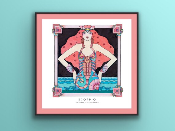 Art Deco Scorpio Poster,  Scorpio wall art, Zodiac print, unique hand drawn, birthday gift, 20’s, Star sign astrology, Scorpio gifts