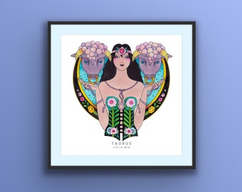 Póster Art Déco de Tauro, arte mural de Tauro, lámina del zodiaco, dibujo único hecho a mano, regalo de cumpleaños, años 20, astrología del signo zodiacal, regalos de Tauro