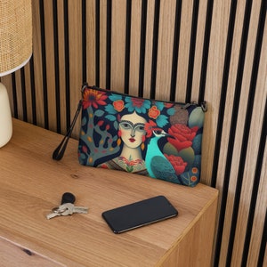 Frida Kahlo inspired blue-bird women's Crossbody bag, 11 x8 Zip top handbag, unique print, stylish crossbody clutch, Frida bird image 9