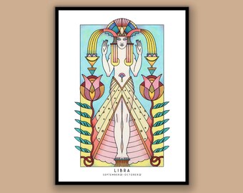 Libra Goddess Poster,  Libra wall art, Zodiac print, Goddess Art, unique hand drawn, birthday gift, Star sign poster, Libra gifts