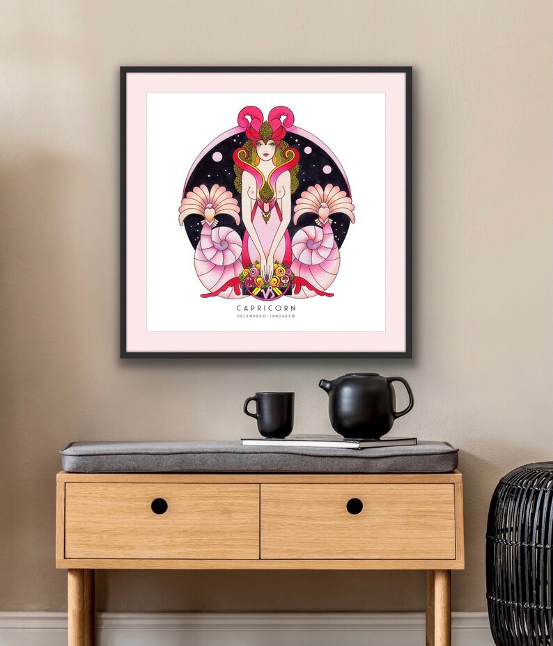 Art Deco Capricorn Poster, Capricorn wall art, Zodiac print, unique hand drawn, birthday gift, 20’s, Star sign astrology, Capricorn gifts image 5