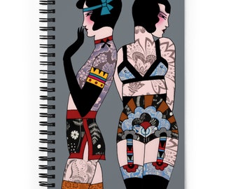 Decorated Women Twins 02 Unique Retro lingerie tattoo notebook, art deco journal, tattoo notebook, lingerie print, Tattoo journal