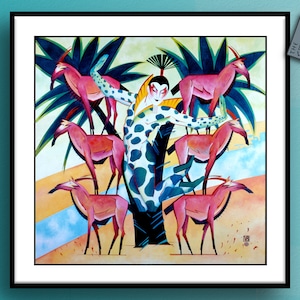 May include: A colorful painting of a person in a spotted costume dancing with five pink antelopes in front of a green palm tree. The painting is set against a background of yellow, blue, and white.