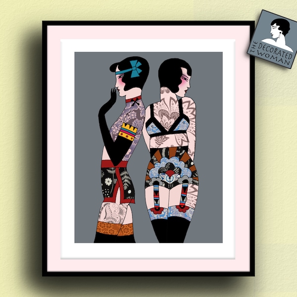 Dekorierte Frauen Zwillinge 2 Einzigartige Retro Dessous Tattoo Print, Art-Deco-Print, Tattoo-Druck, stilvolle Poster, Dessous-Print, Tattoo-Wand-Kunst