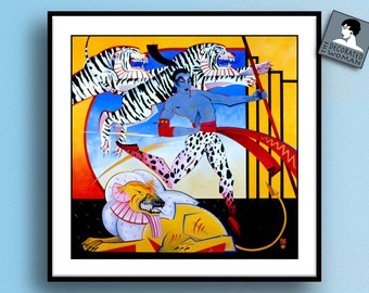 Leo Lion Tamer Art Deco Circus Zodiac Print, Leo wall art, Zodiac poster, unique birthday gift,Leo gifts art decor