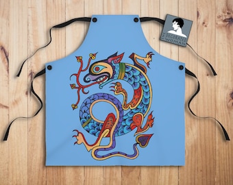 Dragon Apron, Stylish kitchen gifts, Dragon tattoo, Baking gifts, gifts for him, Kitchen apron, cooking gifts, unique design, hand drawn art