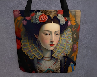 Unique Elegant Elizabethan Tote Bag  | All-over print | Stylish Vintage-Inspired Design | 15&quot;x15&quot;  |  Reusable Tote | Black interior