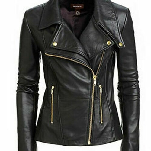 Women's Black Leather Jacket With Gold 