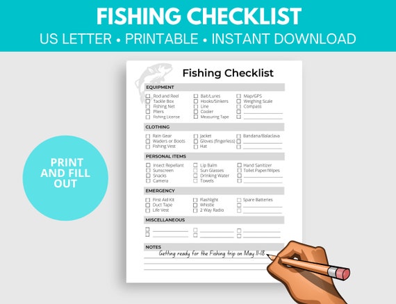 Fishing Trip Checklist Boat Checklist Fishing Equipment List Fishing  Supplies Gift for Fishermen Printable Fishing Checklist 