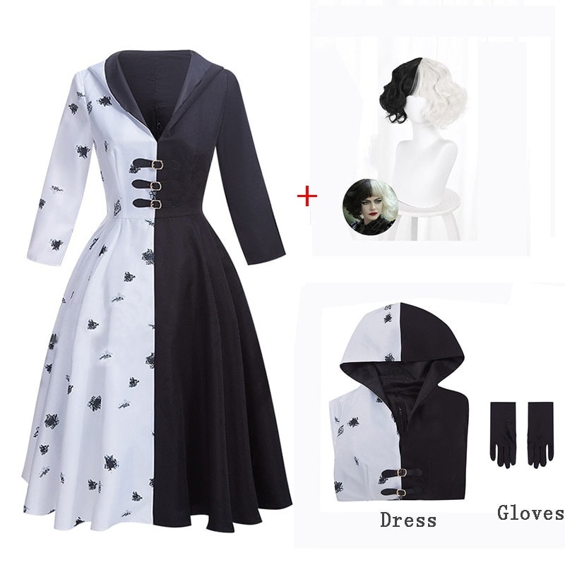 Cruella de vil costume for women, Cruella Witch Costume Coat with Wig,  Halloween Cruella Outfit, Cruella Black C…