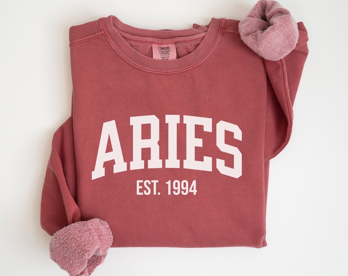 CUSTOM Aries Crewneck Sweatshirt | Comfort Colors® | March & April Birthday Shirt | Aries Astrology Gift | Star Sign Crewneck