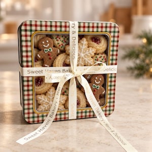 May include: A square metal tin with a red, green, and white plaid pattern containing assorted holiday cookies. A white ribbon printed with the text Sweet Haven Bakery and Merry & Delicious is tied around the tin in a bow across the clear window.