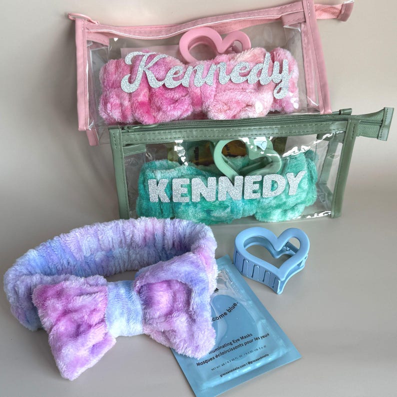 Teen Bridesmaid Package Beauty Gift Set Custom Name Collection Clear Vinyl Makeup Bag Plush Headband Face Mask Bundle Heart Hair Clip Silver Glitter Design Perfect Teen Girl Pamper Package Self Care Essential