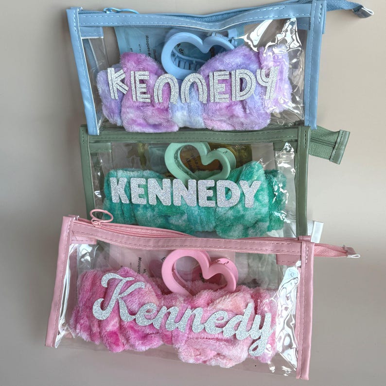 Beauty Kit Collection Teen Spa Bundle Custom Name Gift Set Clear Makeup Bag Plush Headband Face Mask Package Butterfly Hair Accessories Silver Glitter Design Perfect Birthday Present Teen Girl Pamper Collection Self Care Essential