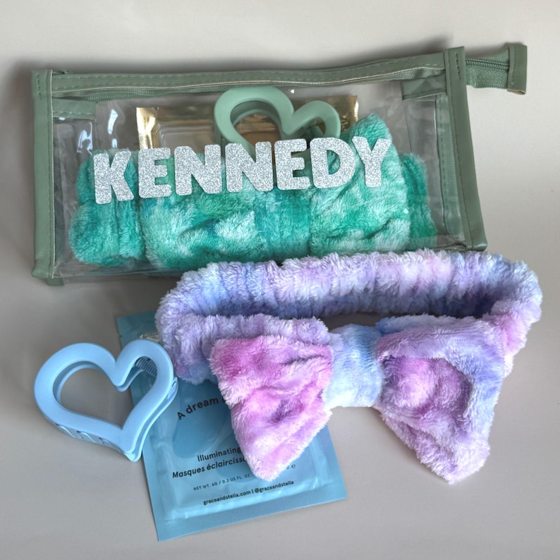 Custom Name Teen Gift Spa Beauty Bundle Birthday Present Package Clear Vinyl Bag Plush Headband Face Mask Collection Heart Hair Clip Silver Glitter Design Perfect Teen Girl Pamper Set Self Care Essential Collection