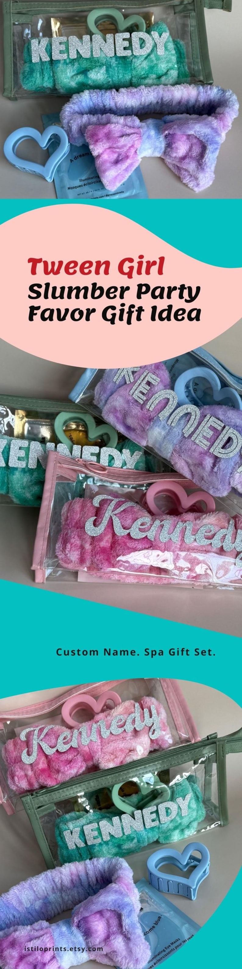 May include: A clear plastic zippered pouch with a green fabric exterior. The pouch contains a spa gift set with a headband, hair clips, and a personalized name tag. The name tag says "Kennedy".