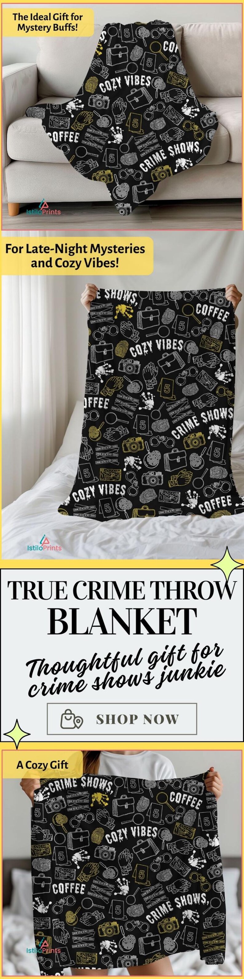 May include: Black and white throw blanket with a pattern of crime show related icons, including fingerprints, coffee cups, magnifying glasses, and handcuffs. The text "Cozy Vibes" and "Crime Shows" are included in the pattern.