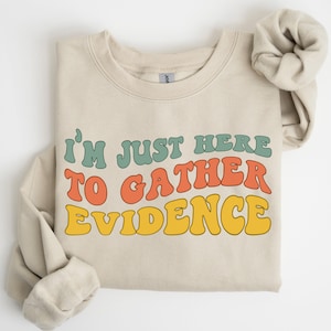 Könnte beinhalten: Beiges Sweatshirt mit dem Text "I'M JUST HERE TO GATHER EVIDENCE" in türkis, orange und gelb im Retro-Schriftstil. Das Sweatshirt hat lange Ärmel und einen Rundhalsausschnitt. Ein passendes Scrunchie befindet sich oben rechts.