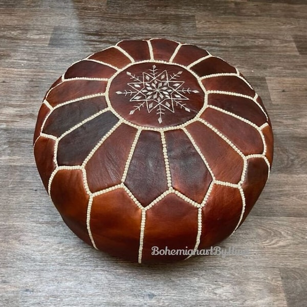 Pouf marocain en cuir, pouf ottoman marocain, pouf marocain, vintage marocain, pouf en cuir BRUN FONCÉ