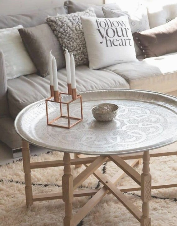 Mesa de té / centro marroquí plegable hecha a mano CON bandeja, bandeja  artesanal con diseños bereberes tradicionales, mesa auxiliar plegable, mesa  de cedro -  España