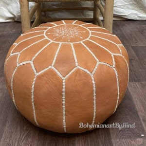 Tan Moroccan Pouf Leather; Pouf Ottoman, pouffe, pouffe, Moroccan home decor boho, moroccan berber pouf,ottoman footstool handmade; no smell