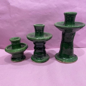 SET OF 3 candle holders, Tamegroute ceramics , Handmade items, moroccan  pottery, Candelabrum, Green Glazed Pottery, bougeoir Tamegroute