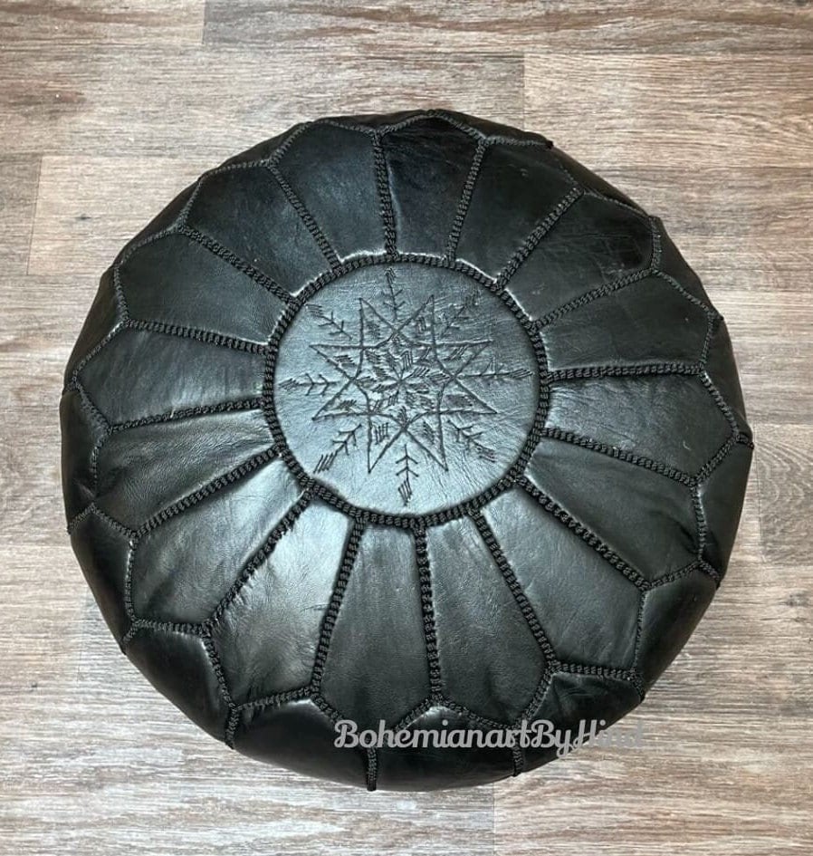 Black in Black Moroccan Pouf Leather; Pouf Ottoman, pouffe Moroccan, home decor boho, pouffe,  berber pouf,  ottoman footstool handmade