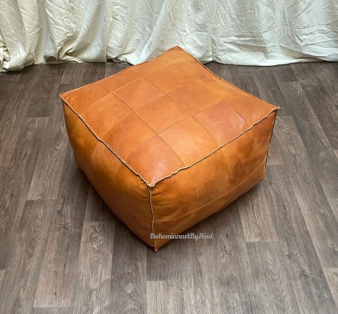 Moroccan Leather Pouf, Moroccan Pouf, Ottoman Pouf, Brown Square