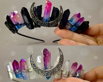 Crystal crown, aura Quartz wire tiara, Celestial moon bridal wedding headpiece, fairy princess mermaid headband, black witch gothic jewelry