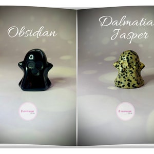Peut inclure: Deux figurines de fant&ocirc;mes en pierres pr&eacute;cieuses. L'une est en obsidienne noire, l'autre en jaspe dalmatien avec des taches noires sur fond cr&egrave;me. Le mot "Obsidian" est &eacute;crit au-dessus du fant&ocirc;me noir, et "Dalmatian Jasper" au-dessus du fant&ocirc;me tachet&eacute;.