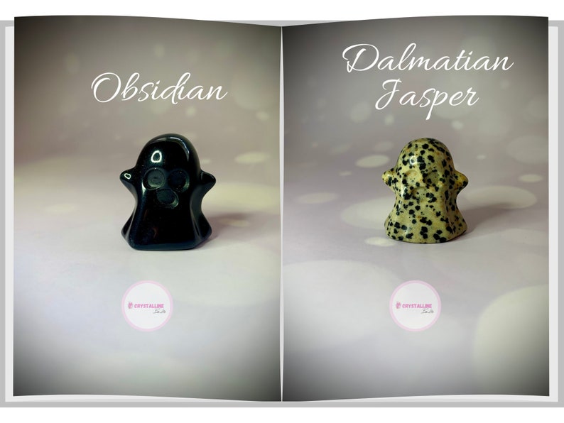 Peut inclure: Deux figurines de fant&ocirc;mes en pierres pr&eacute;cieuses. L'une est en obsidienne noire, l'autre en jaspe dalmatien avec des taches noires sur fond cr&egrave;me. Le mot "Obsidian" est &eacute;crit au-dessus du fant&ocirc;me noir, et "Dalmatian Jasper" au-dessus du fant&ocirc;me tachet&eacute;.