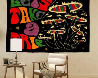 Let’s take a trip wall hanging, mushroom psychedelic bedroom decor, trippy backdrop art tapestry