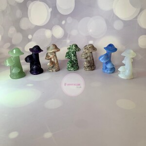 Puede incluir: Una colección de siete figuritas con forma de hongo en varios colores y texturas. Las figuritas van desde el verde, el morado y el marrón hasta el azul y el blanco. La imagen incluye el texto "Crystalline La La" en un círculo rosa.