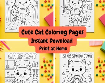 Cute Cat Coloring Pages Printable | Kawaii Cat Coloring Book | Digital Download
