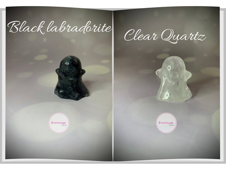 Peut inclure: L'image pr&eacute;sente deux sculptures en cristal en forme de fant&ocirc;me. L'une est en labradorite noire et l'autre en quartz clair. Le texte "Black labradorite" et "Clear Quartz" est affich&eacute; au-dessus de chaque sculpture. Les sculptures sont sur un fond violet clair.