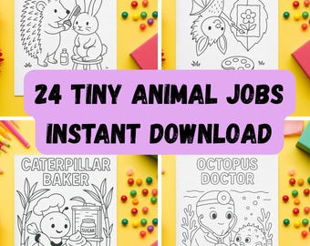 Tiny Animal Jobs Coloring Pages | 24 Cute Insect & Animal Occupations | Printable Coloring Sheets for Kids | Digital Download
