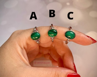 Malachite green ring, natural stone adjustable ring, boho elegant retro vintage crystal gemstone jewellery, silver plated copper