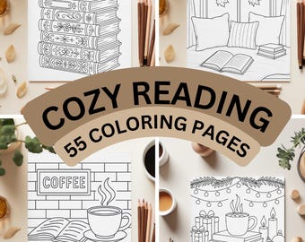Cozy Reading Coloring Pages Bundle | 55 Bookish Coloring Pages | Relaxing Printable Adult Coloring | Book Café & Cozy Home Scenes