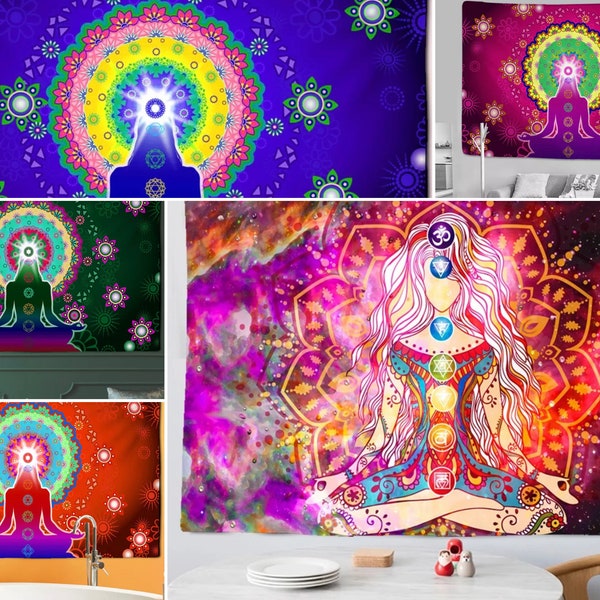 Meditation tapestry | Mandala hippy throw| 7 Chakra Yoga mat|  Indian home spiritual decor | Female Woman Motive