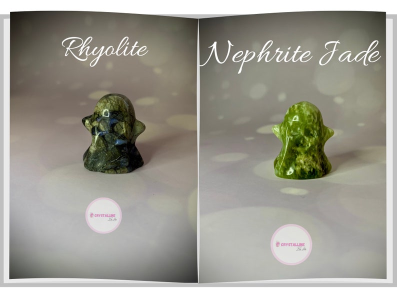 Peut inclure: Deux figurines de fant&ocirc;mes en pierres pr&eacute;cieuses. Le fant&ocirc;me de gauche est en rhyolite, avec des motifs vert fonc&eacute; et noirs. Le fant&ocirc;me de droite est en n&eacute;phrite jade, de couleur vert vif. Les deux sont sur un fond clair. Le texte "Rhyolite" et "Nephrite Jade" est au-dessus de chaque fant&ocirc;me.