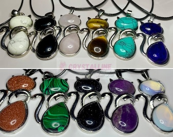 Crystal Cat Necklace |  Natural stone pendant | Amethyst, howlite, Rose Quartz, black agate cat, crystal animals
