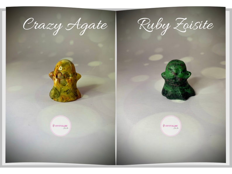Peut inclure: Deux figurines de pierres pr&eacute;cieuses, une Crazy Agate et une Ruby Zoisite, chacune en forme de fant&ocirc;me. Le fant&ocirc;me Crazy Agate est jaune et marron. Le fant&ocirc;me Ruby Zoisite est vert et noir. Le texte "Crazy Agate" et "Ruby Zoisite" est au-dessus de chaque figurine.