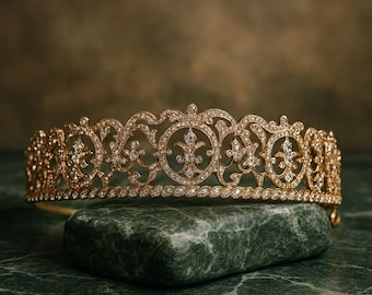 Art Deco Gold Bridal Tiara Swarovski Crystal Wedding Crown Vintage Retro Bridal Headpiece Luxury Diadem Retro Bridal Hair Accessories Jewels