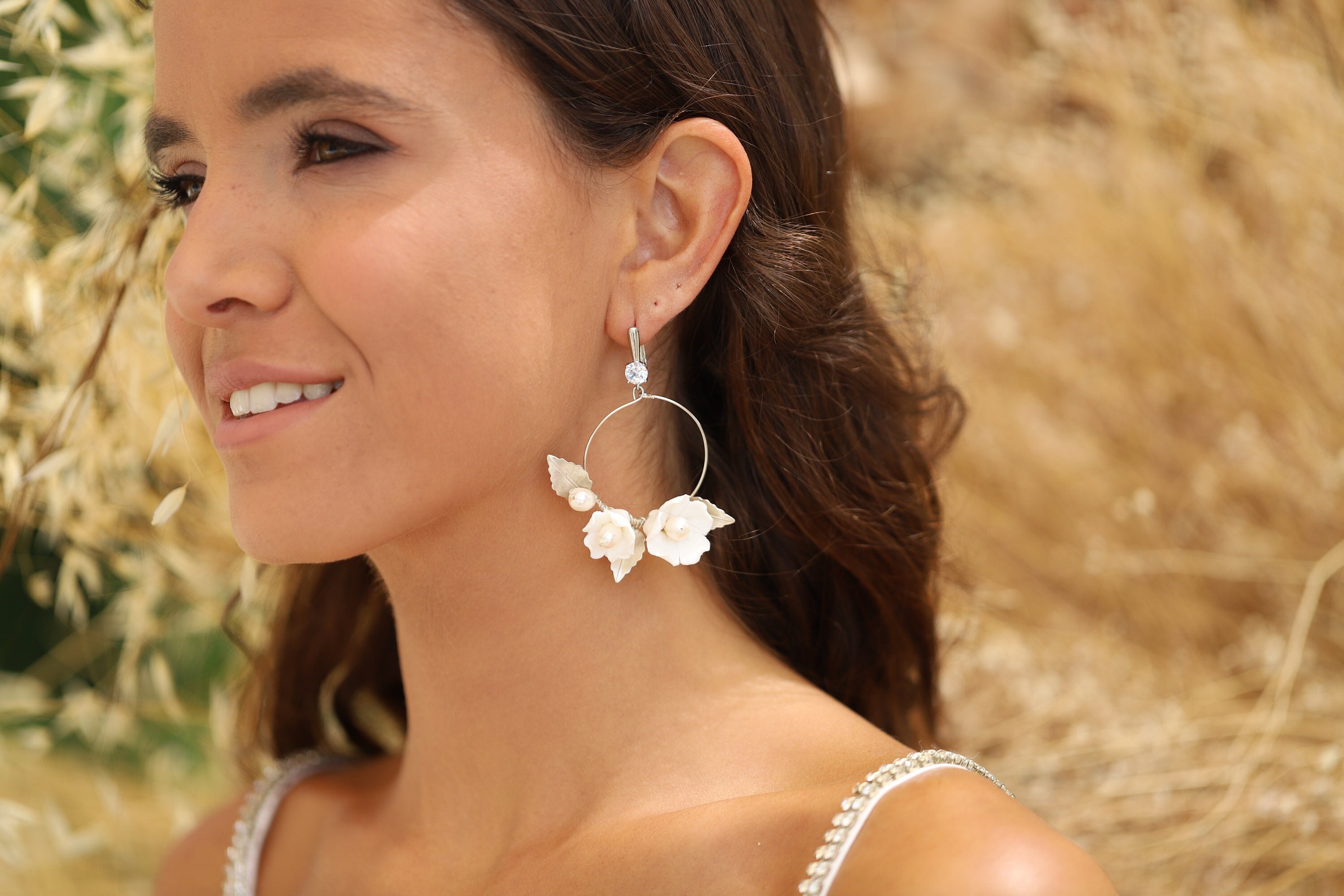 Süßwasserperle Boho Hochzeit Ohrringe, Porzellan Blume Boho Braut Ohrringe, Kronleuchter Statement Ohrringe für Bräute, Gold Silber Schmuck