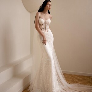 Mermaid Wedding Dress with Shoulder Cape - Spaghetti Straps – Sexy Lace Bridal Gown with Corset - Sweetheart Neckline for Beach Weddings
