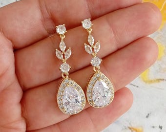 Swarovski Kristall Hochzeit Ohrringe, Florale Braut Ohrringe, Blatt Kronleuchter Statement Ohrringe, Teardrop Ohrringe, Roségold Hochzeitsschmuck