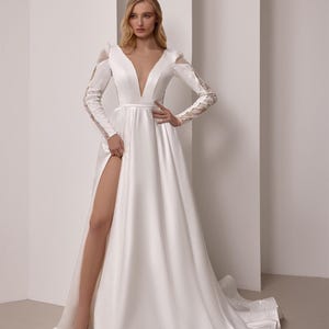 Deep V Neck A-Line Wedding Dress, Slit Sexy Boho Bridal Gown, Long Sleeves Bohemian Dress For Bride, Satin Wedding Gown, Beach Bridal Gown