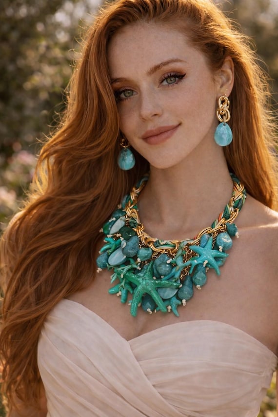 Ocean Inspired Jewelry Set, Coastal Statement Necklace, Turquoise Earrings, Beach Gift for Her, Boho Necklace, Beach Wedding Jewelry,
