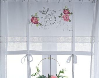Rose Garden bedruckt Raffgardine Raffrollo Gardine B 120 x L 120cm Shabby chic landhausstil Blumenmuster