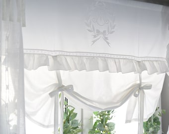 Mathilde weiss bestickt Raffgardine Raffrollo 120cm Breite x 120cm Länge Gardine Raffrollo Landhaus Shabby Chic Vintage Leinen Baumwolle